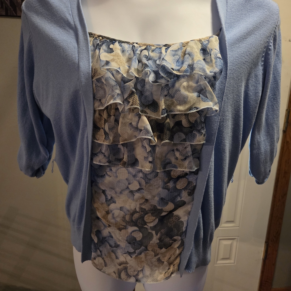 New York & Company Blue and Cream Layered Blouse